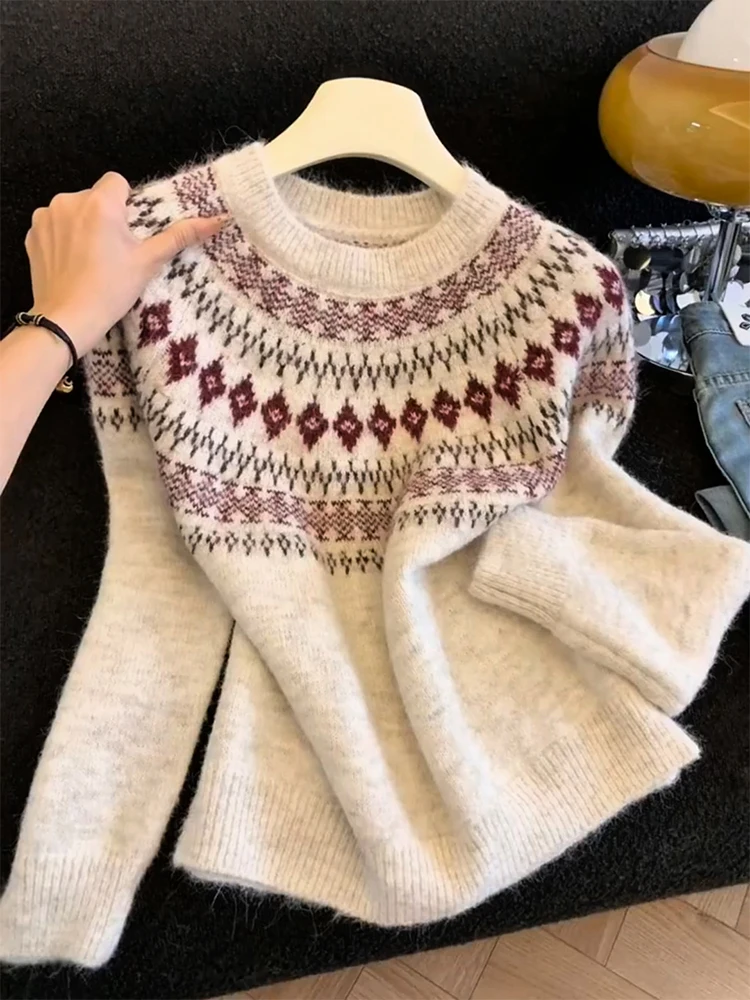 

Корейский вязаный круглый свитер в стиле ретро Sle Fair Isle, Новое зимнее поступление, модный универсальный антивозрастной топ больших размеров
