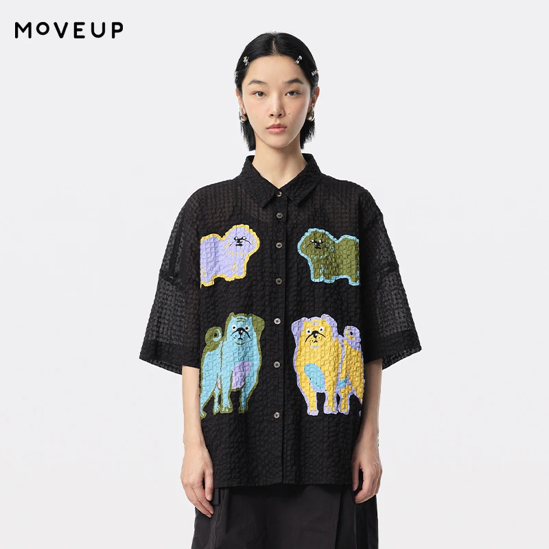 

MOVEUP Casual Short Sleeved Shirt 2026 Summer New Dopamine Dog Print Pure Cotton Lapel Commuting Loose Top For Women 324220425