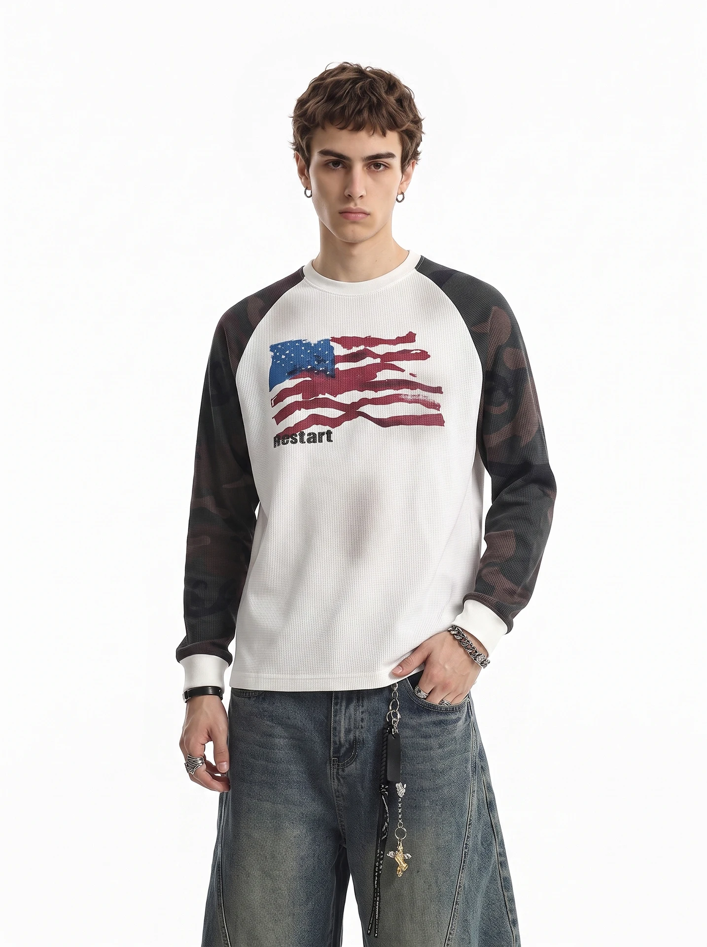 BETEBULE American High Street Flag Print Camouflage Long Sleeve T-Shirt Men's Vintage Short Wide Waffle Pattern Top