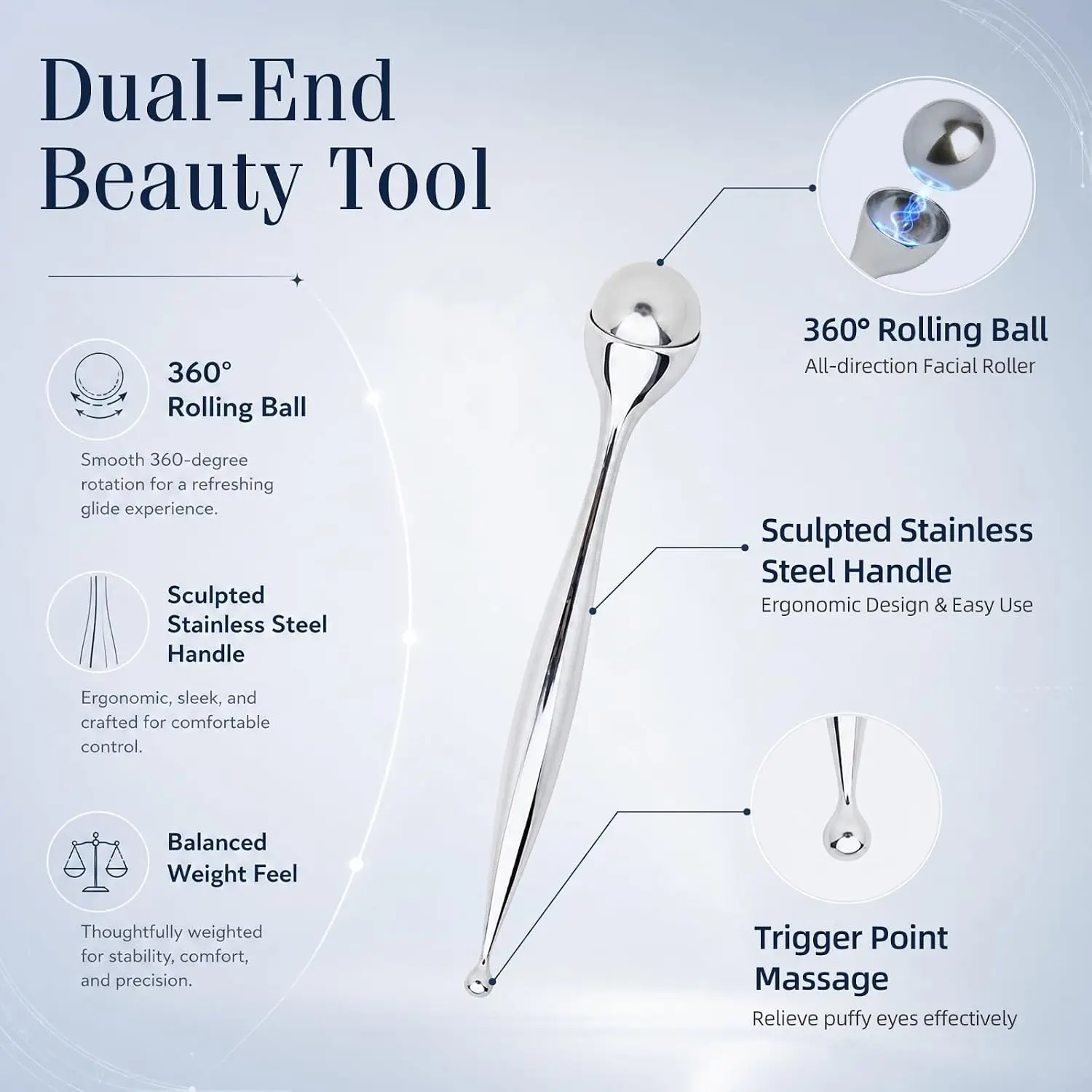 Metal Face Roller Massager Eye Roller for Puffy Eyes Ice Roller with Acupressure Pen Manual Massage Tool for Lymphatic Drainage - view 2