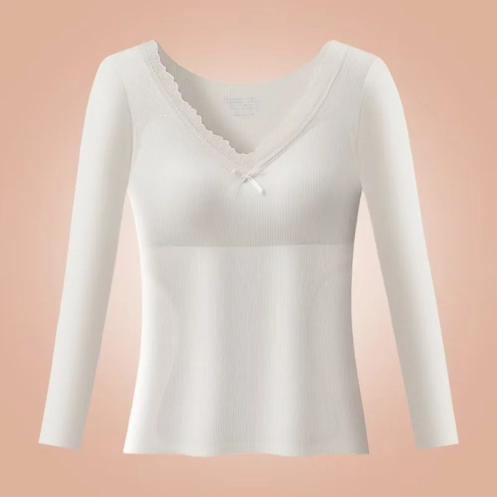 Comfortabel Kant Vrouwen Wol Thermische Kleding Onzichtbare Wol Fleece Thermisch Ondergoed Lingerie V-hals Warmte Lange Tops Dame