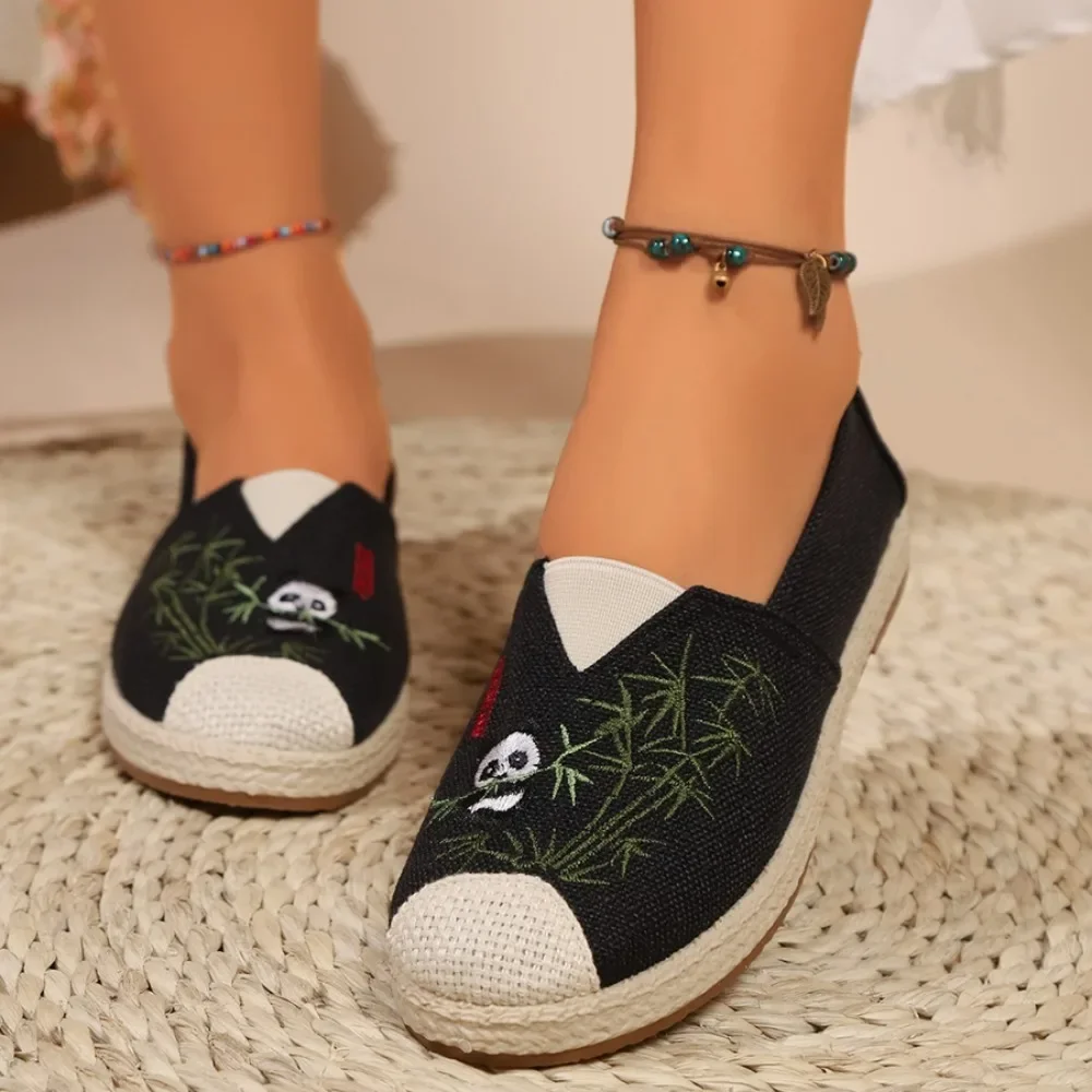 Women Panda Embroidery Espadrille Flats Linen Slip on Shoes Ladies Round Toe Breathable Canvas Casual Walking Shoes