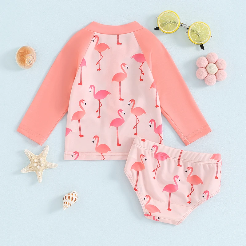 6M-4T Toddler Girls Two Piece Swimsuits Long Sleeve Seashell/Bird Print Rash Guard Bathing Suit Summer Swimwear