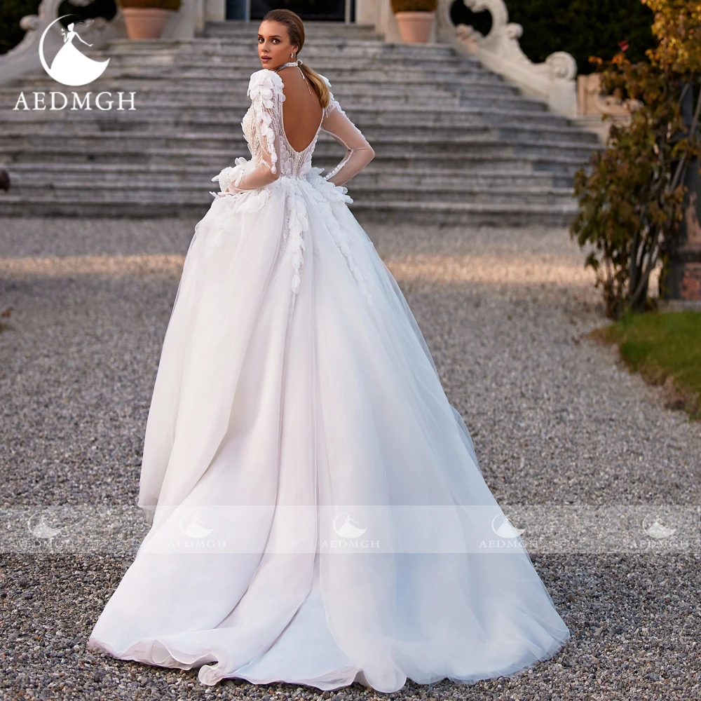 Aedmgh a-line abiti da sposa Vintage 2023 scollo a v manica lunga Vestido De Novia pizzo 3D fiori Illusion Backless Robe De Mariee