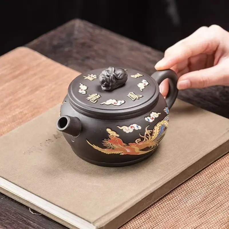 Three Styles Available Dragon-Phoenix Color-Changing Zisha Teapot Set Including One Teapot and Two Cups Ceramic Home Use