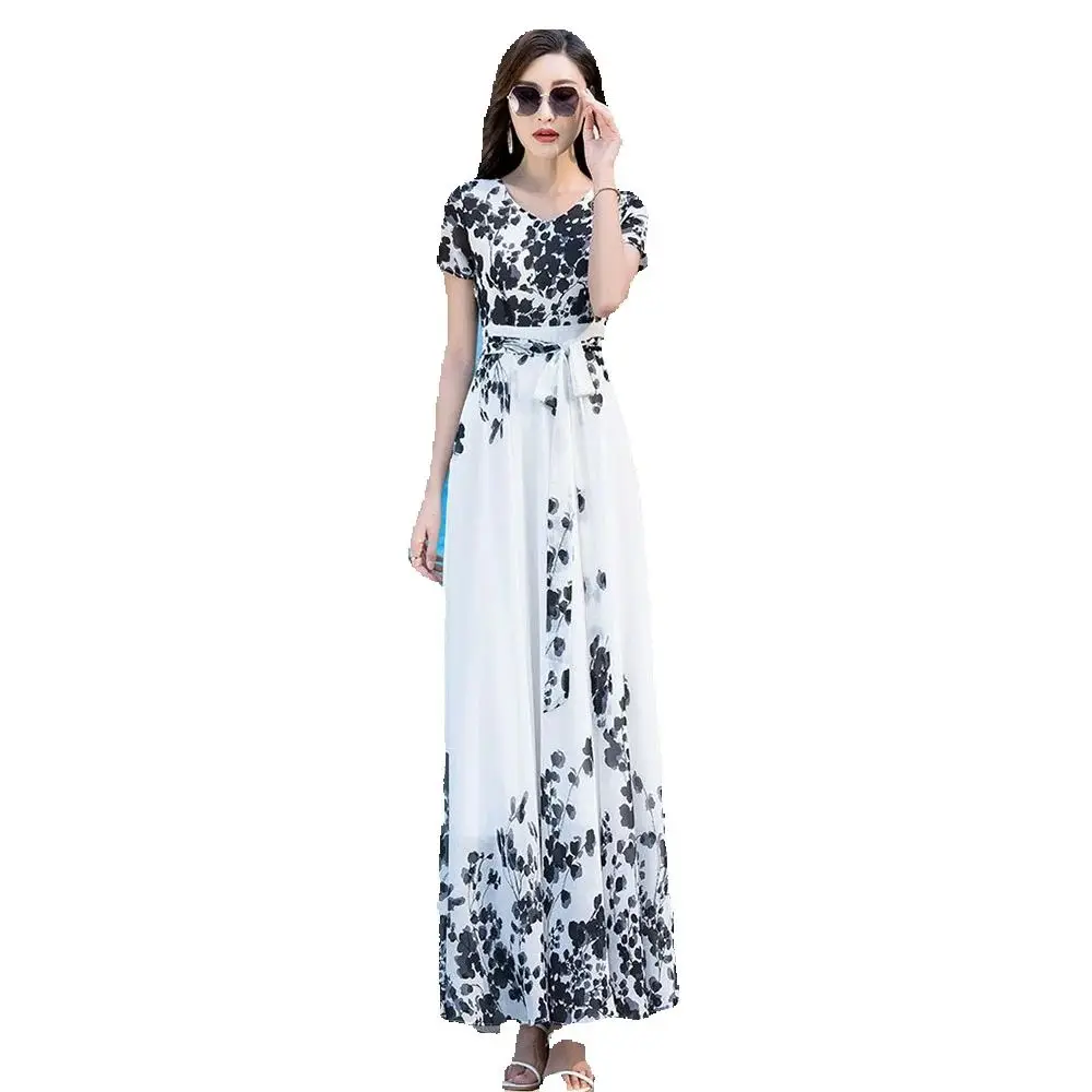 

Lnk Painting Seaside Holiday Dress Female Summer New Big Swing Chiffon Long Skirt High Waist White Super Fairy Deach Skirt.