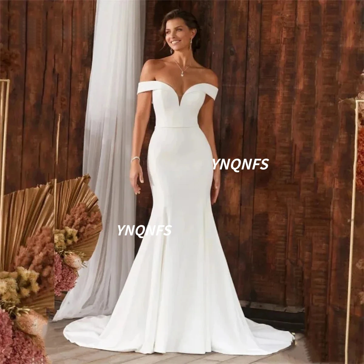 

YNQNFS Fashionable mermaid white wedding dress with shoulder card satin solid color wedding dress, church trailing evening gown