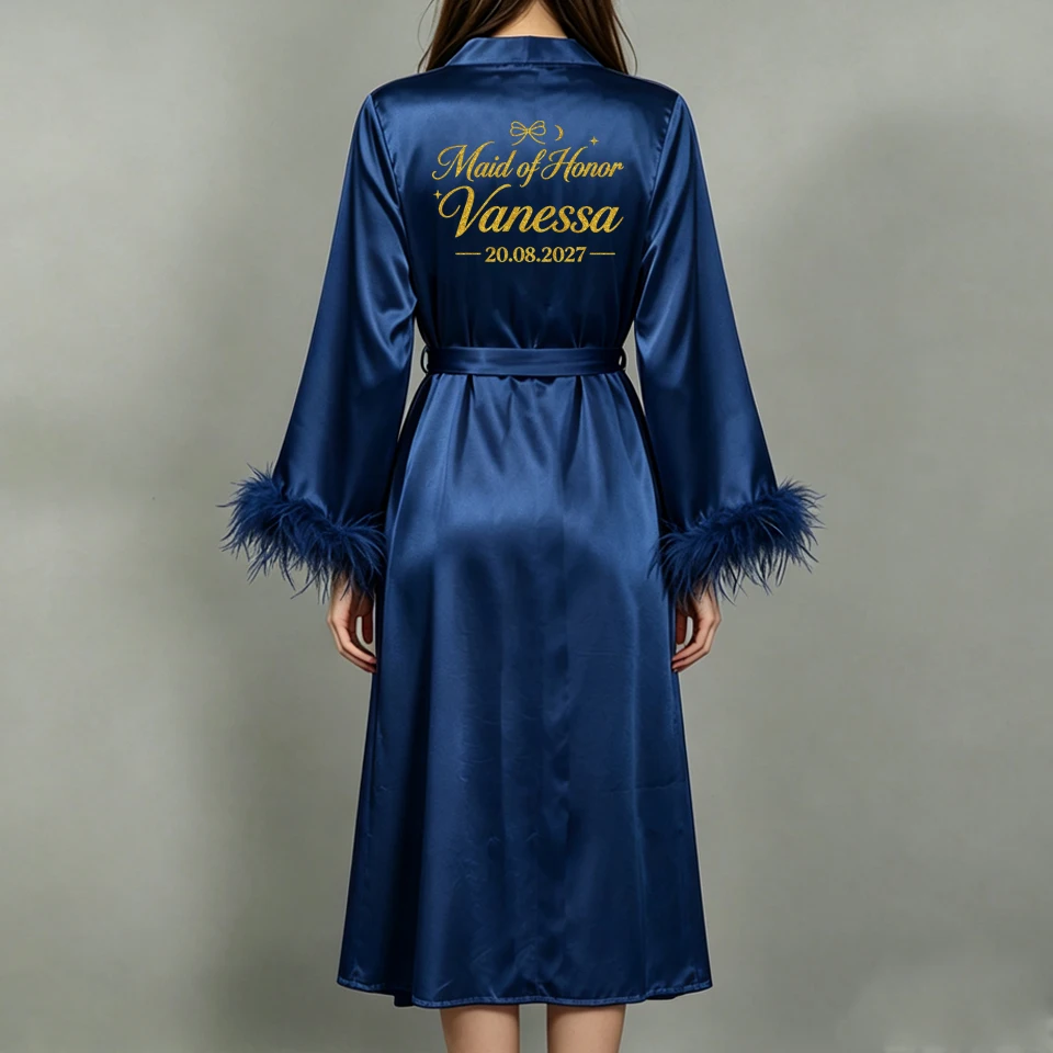Custom Name Bride Robe Satin Feather Bridesmaid Robes Personalized Wedding Morning Gown Bachelorette Party Bathrobe view 5