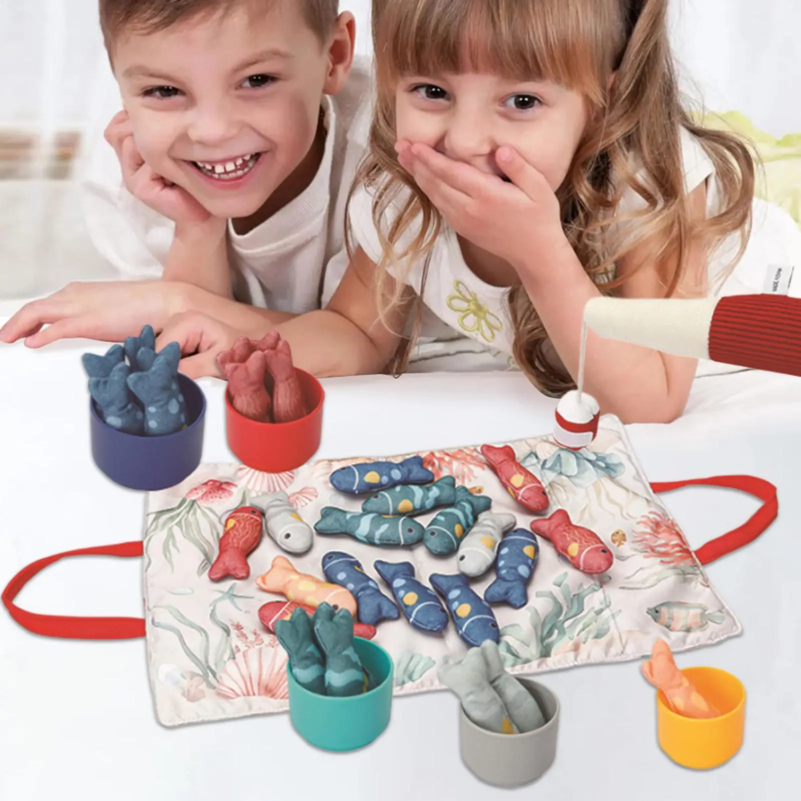 Jouet de pêche en tissu avec tasses empilables, jeu d'apprentissage préscolaire, jouets d'interaction Parent-enfant pour la maison, la salle de classe, les voyages amusants