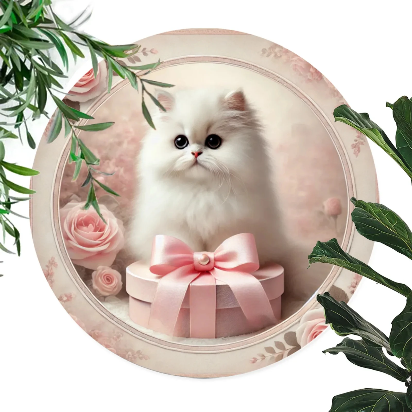Room Decoration: 1 Piece White Persian Cat with Pink Box and Flowers, Round Aluminum Wall Art, 7.8x7.8inch Piece, Durable Metal Sign Suitable for Home and Office