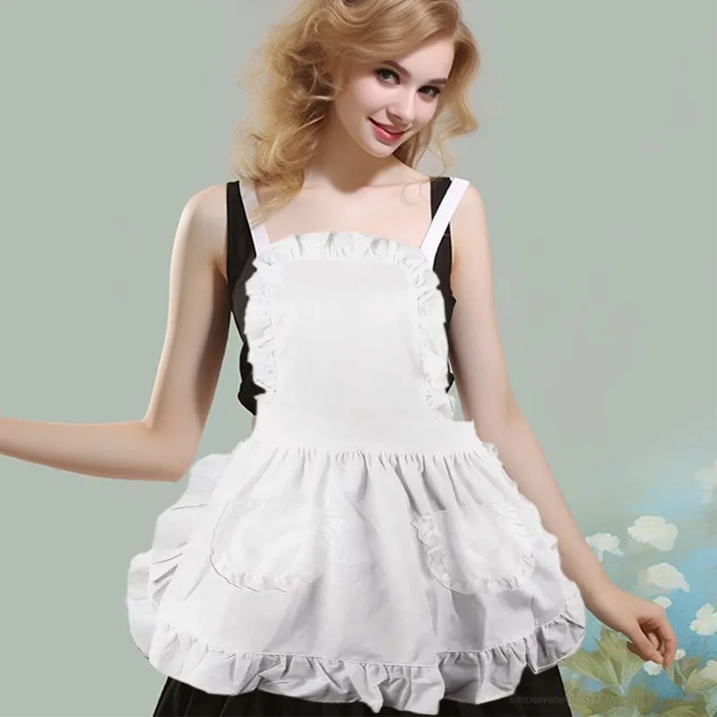Maid apron for home use, full-body princess apron, European style, pure white, full-body ruffle trim, double pockets, exclusive