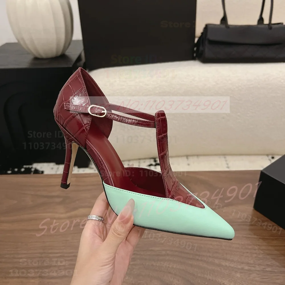 Two Tone Slender Strap Pointed Toe Sandals Women Wine-Red Stone Pattern T-bar Patchwork High Heels Sexy Elegant Dress Sandals view 5