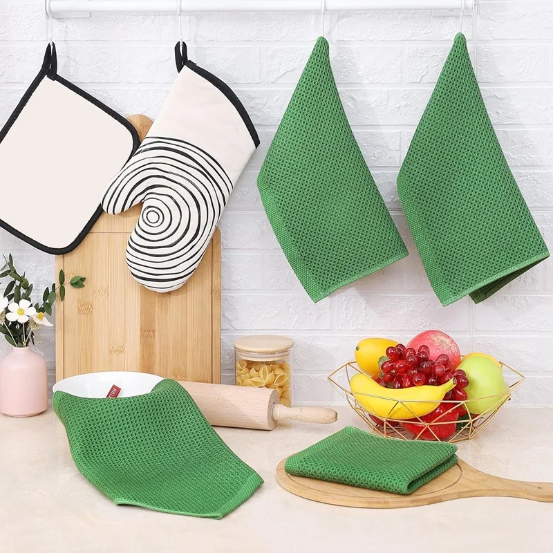 قماش أطباق 100% قطن من قماش أطباق المطبخ، مناشف أطباق فائقة النعومة ماصة سريعة الجفاف باللون الأخضر
