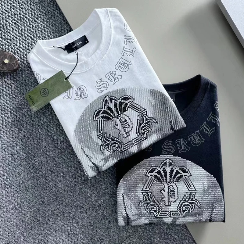 Alex Plein Skulls Rhinestones Crystals Streetwear Men\'s Fashion Clothing 2023 Summer RoundNeck Shortsleeve Tshirt Luxuary Cotton