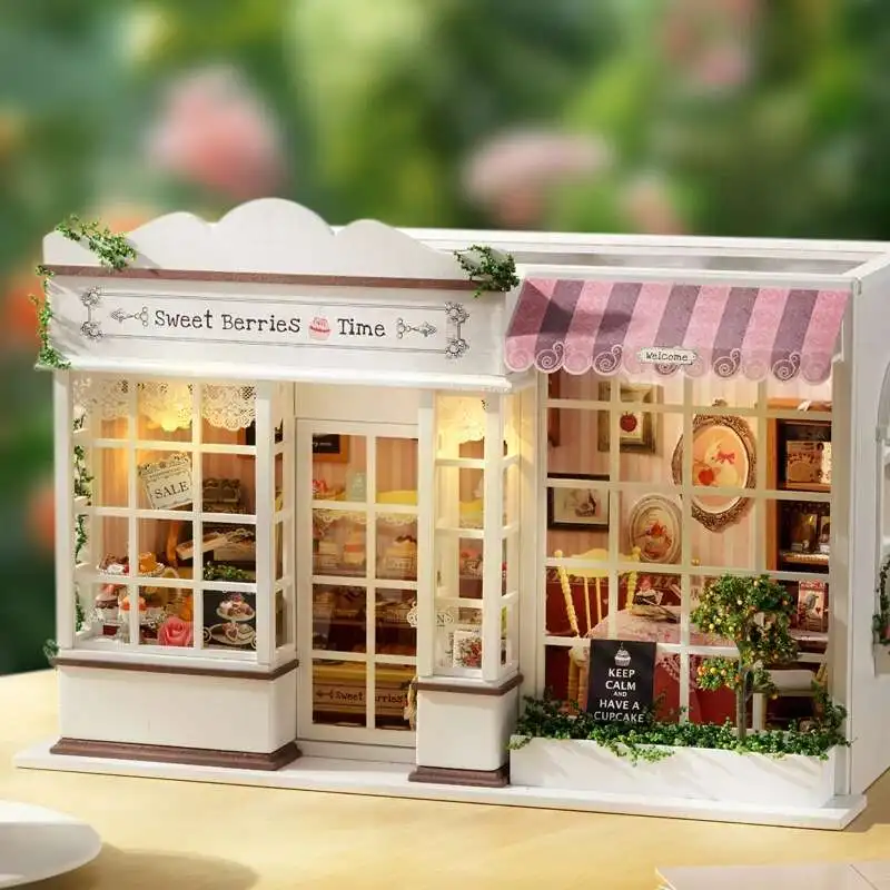 

DIY Wooden Miniature Model Kit Tea Cake Store Casa Doll Houses Assembled Dollhouses 3D Puzzle With Furniture Home Decor Gifts
