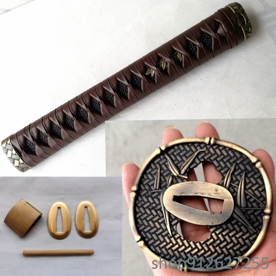 26cm Tsuka Brown Leather ito handle alloy tsuba fuchi Menuki For Japanese sword katana