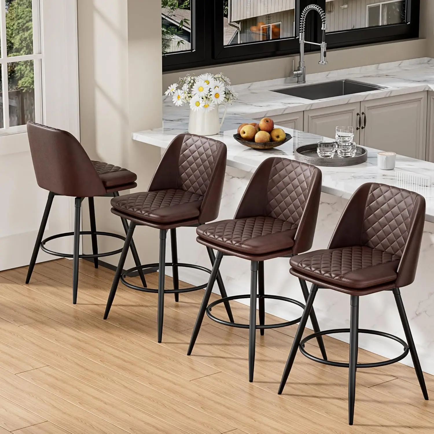 26 inch Bar Stools Set of 4, 360° Swivel Counter Height Barstools with Back, Double-Layer Upholstered Faux Leather Modern Bar Ch