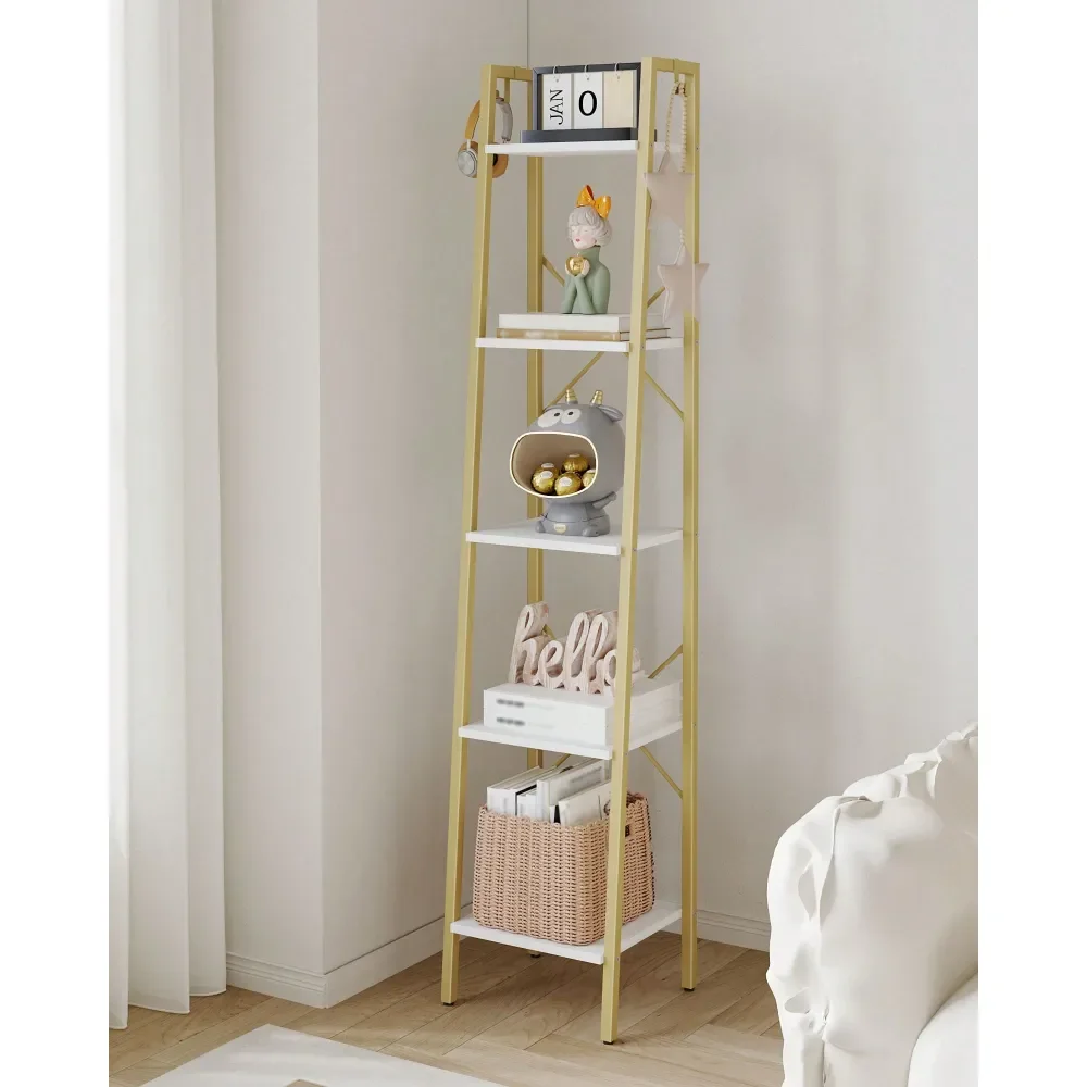 

Ladder Shelf, Bookshelf Bookcase, Freestanding Corner Storage Shelve With 2 Hooks For Home Office, Living Room, Kitchen, Bedroo