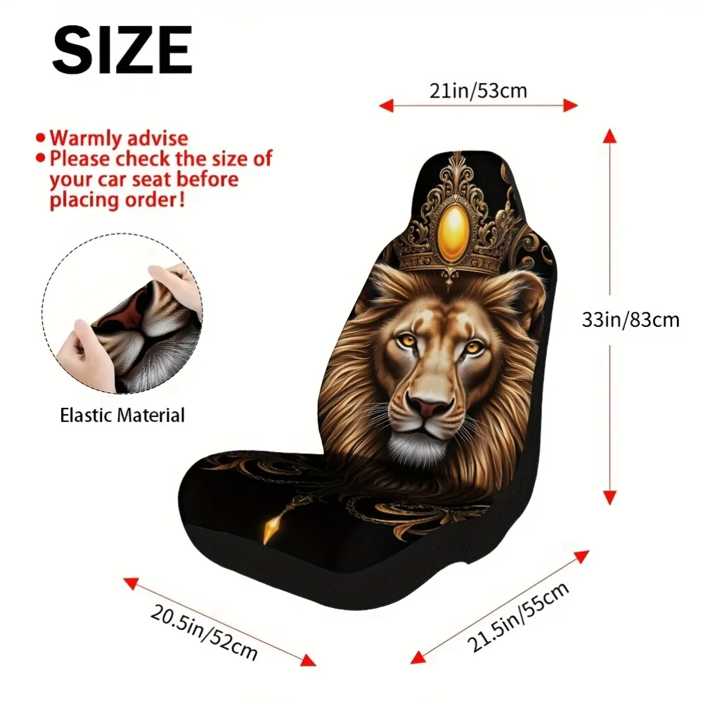 2pcs Golden Lion Crowned Animal Portrait Front Seat Covers - Elegant Lion Design With Golden Crown, Fit For Cars, SUVs, Trucks -