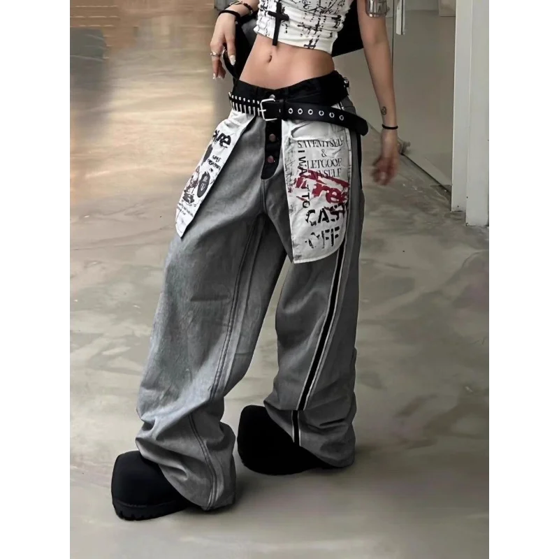 American Retro Design Sense Old-fashioned Large Pocket Printed Jeans for Women Casual Loose Wide-leg Trousers