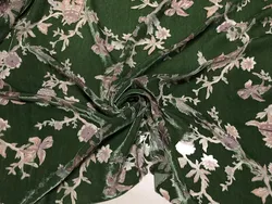 High Quality Real Silk Gold Velvet Fashion Green Bottom with Small Flowers Hollow out Etched-out Fabric Dress Cloth