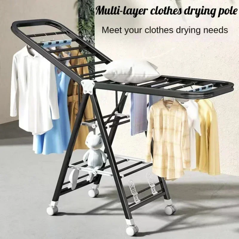 3-tier Foldable Clothes Drying Rack, Height Adjustable Movable Laundry Rack, Stainless Steel Hanger Dryer for Indoor Balcony