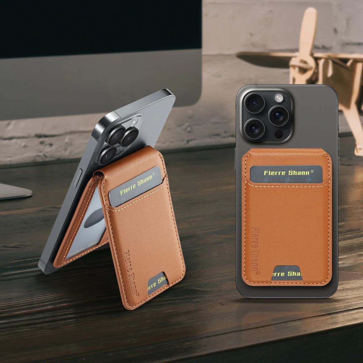 

Кожаный магнитный держатель для кредитных карт для мобильного телефона, чехол для iPhone 17, 16, 15 Pro Max, кронштейн, подставка, кошелек для банковских идентификационных карт