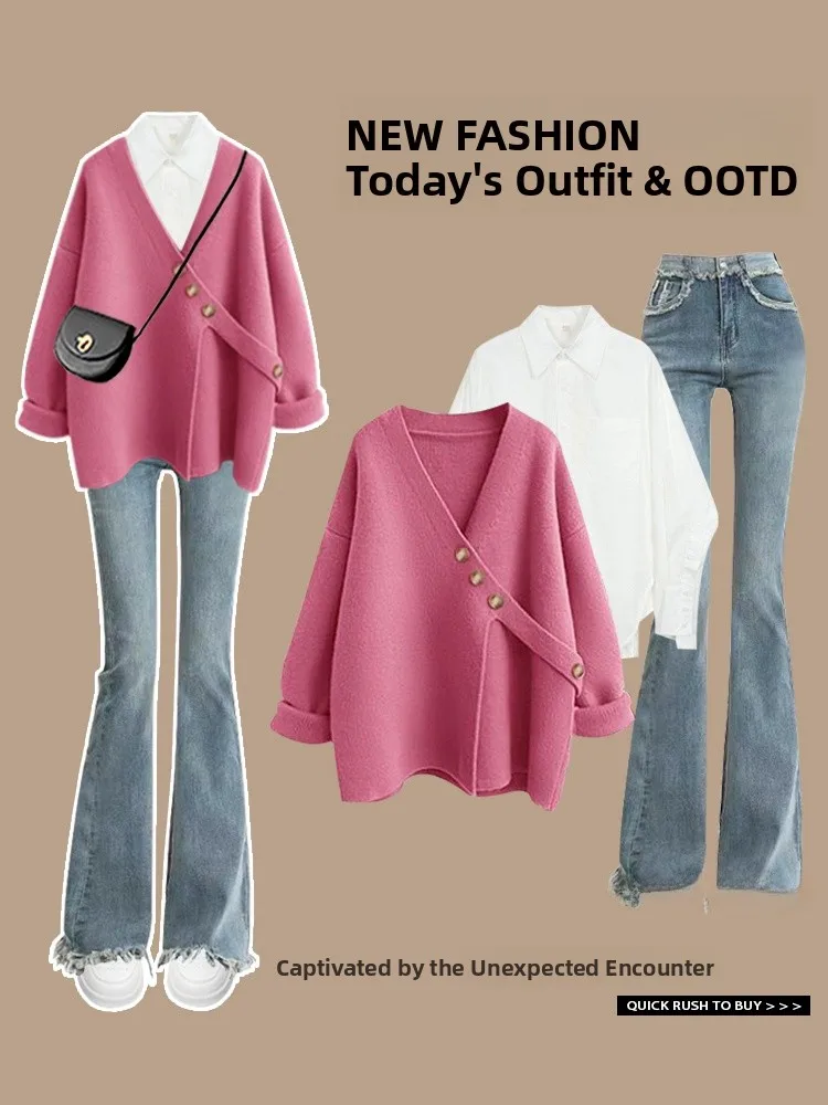 

Модный вязаный асимметричный свитер и джинсовый комплект из двух предметов свободного кроя для молодых женщин, осень 2025