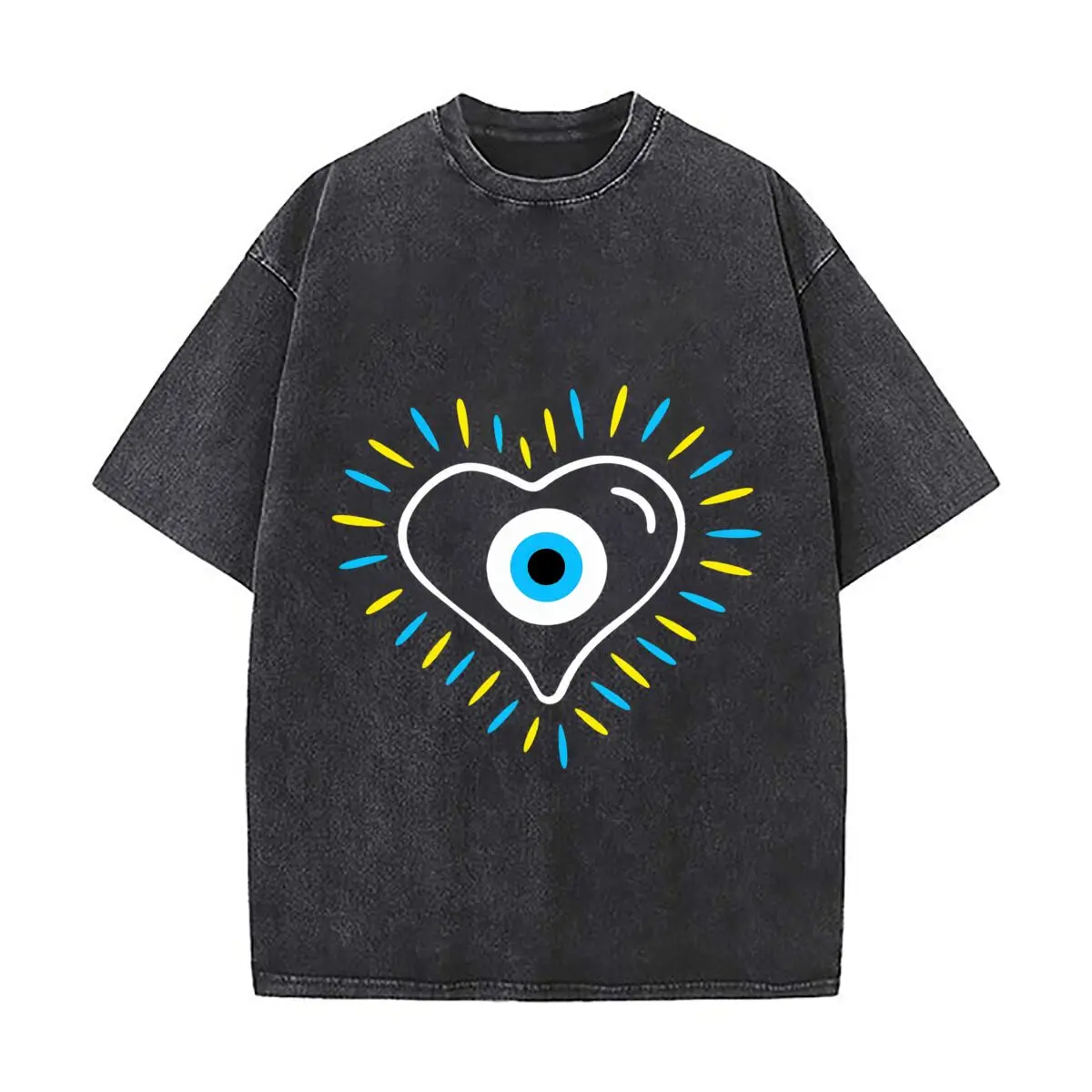 Boho Nazar Amulet Evil Eye Heart Blue Yellow Rays Washed Distressed Loose Streetwear Tops for City Walks