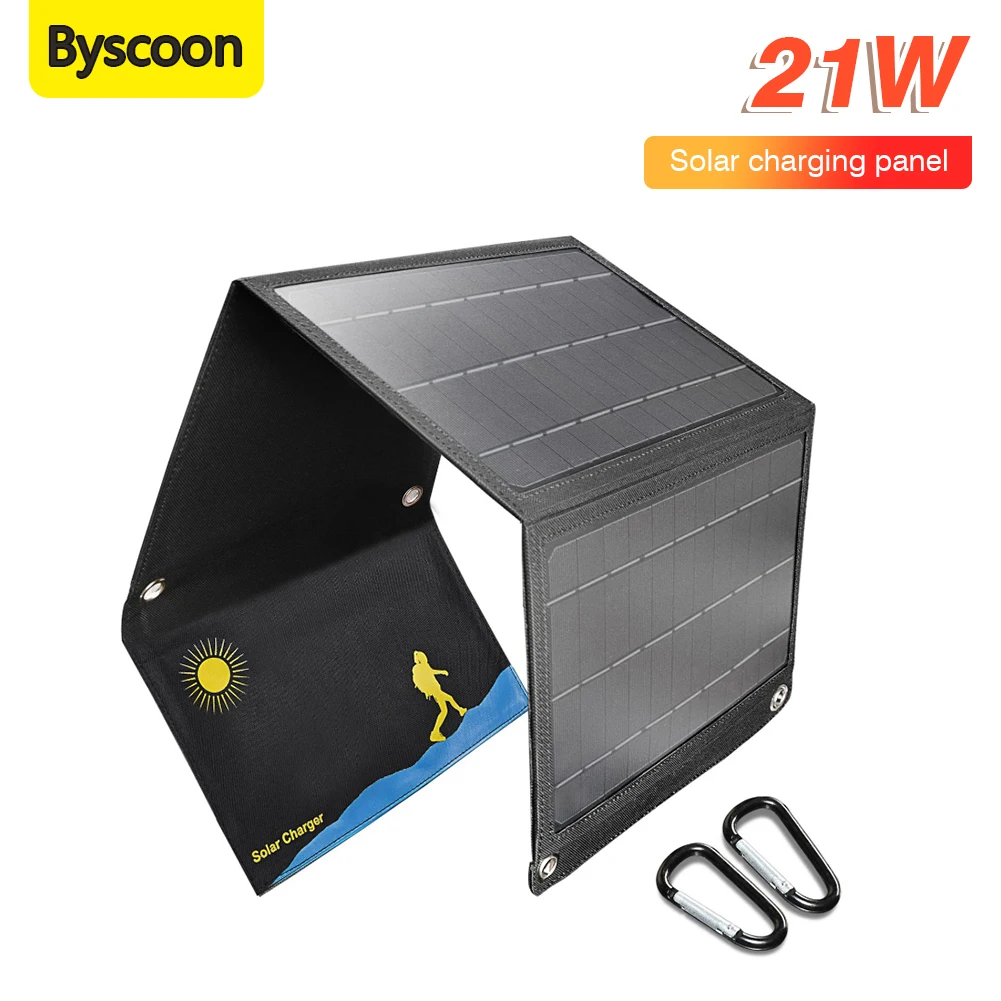 Byscoon Portable Outdoors Solar Panel 5V 21W Foldable Waterproof USB Solar Cells Smartphone Mobile Power Battery Charger