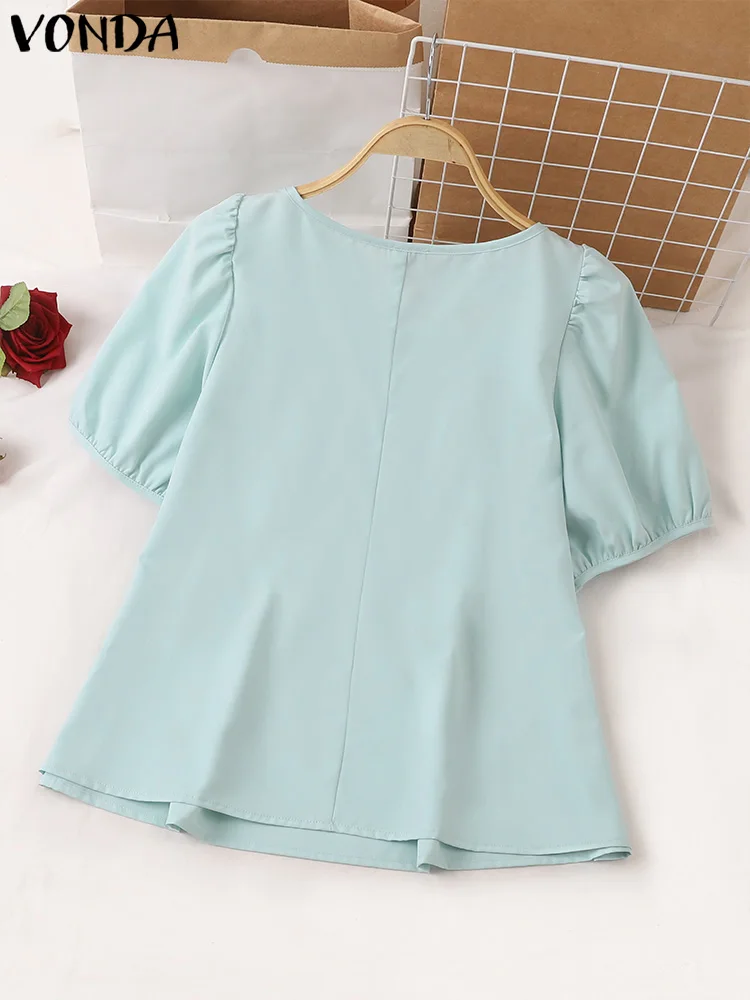 VONDA Women Fashion Blouse Short Puff Sleeve Shirt 2024 Summer Square Collar Elegant Tops Solid Color Casual Loose Ruffle Blusas