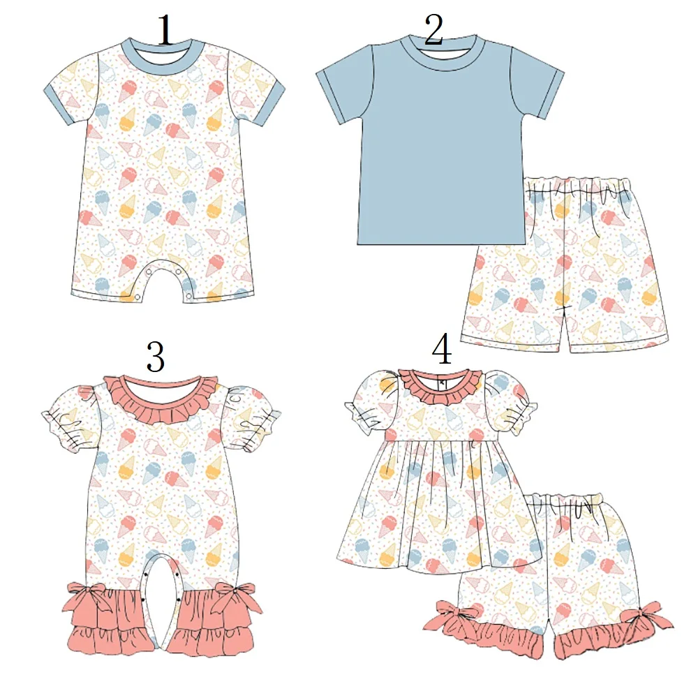 

Wholesale Summer Baby Girl Clothes Orange Short Sleeve Shorts Set Baby Boy Clothes Blue Short Sleeve Ice Cream Print Rompers