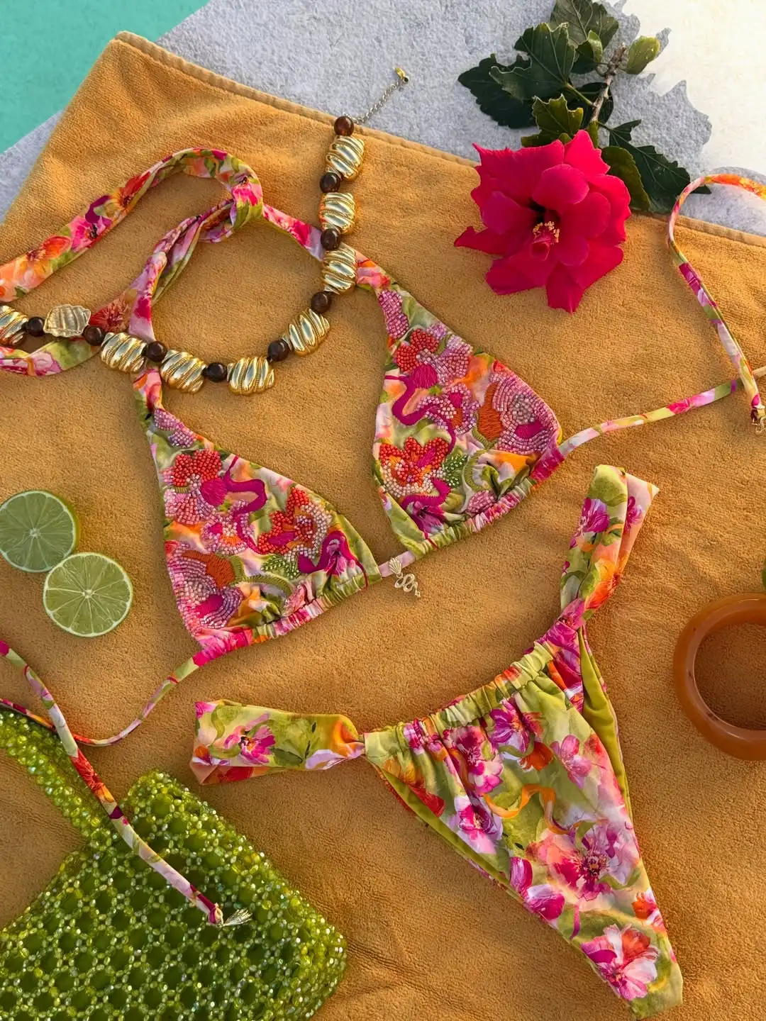 

2025 Trendy Swimwear – Vibrant Flower Pattern Bikini with Fringe Detail Perfect for Beach Wear and Pool Parties Summer Getaways