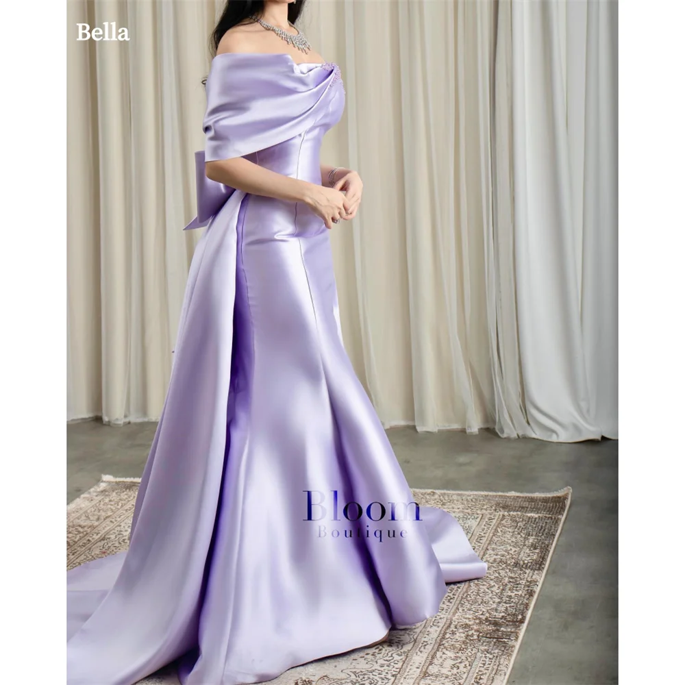 

Bella Lavender Satin Robes De Soirée Off the Shoulder Detachable Train Prom Dresses Sleeveless Floor-length Wedding Dress 2024
