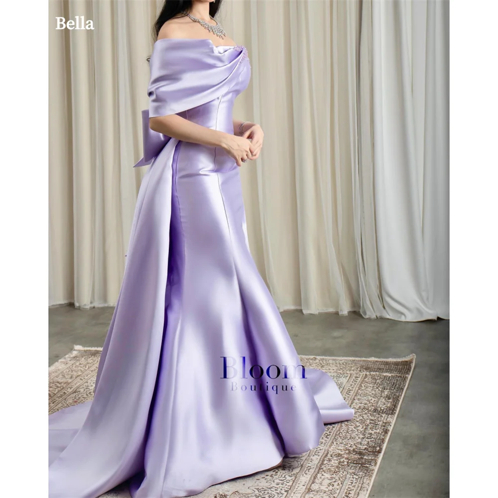 Bella Lavender Satin Robes De Soirée Off the Shoulder Detachable Train Prom Dresses Sleeveless Customized Wedding Dress 2024