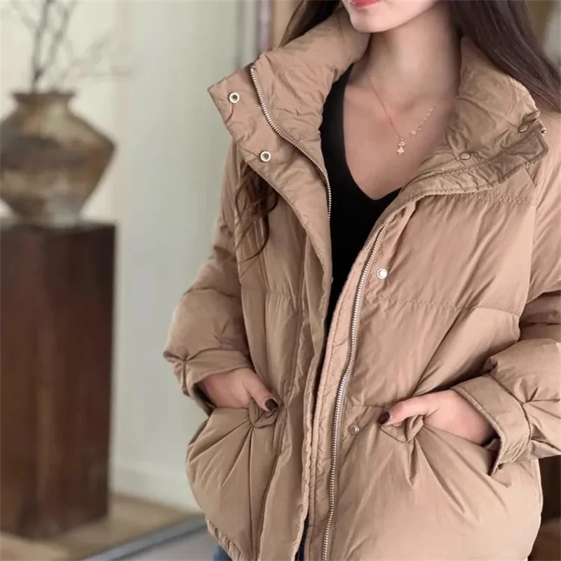 2024 New Korean Women Winter Warm Puffer Jackets Fashion Parkas Stand Collar Zipper Loose Coat Long Sleeve Lightweight Outerwear