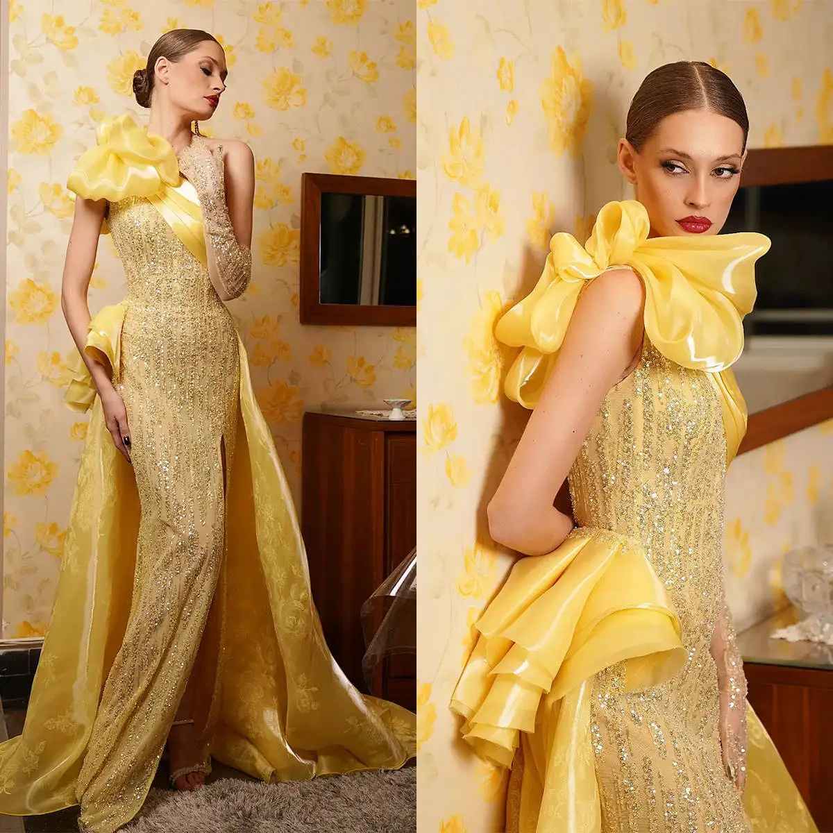 

Exquisite One Shoulder Evening Dresses Side Split Floor Length Prom Gowns Sequins Tailing Special Occasion Party Customized