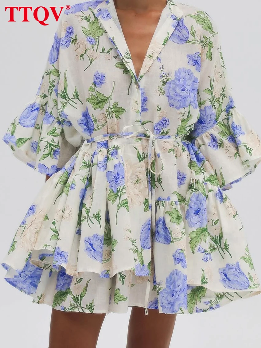 

TTQV Fashion Loose Print Women's Dress Summer Lapel Three-Quarters Sleeve Mini Dresses Elegant Classic Pleated Female Dress