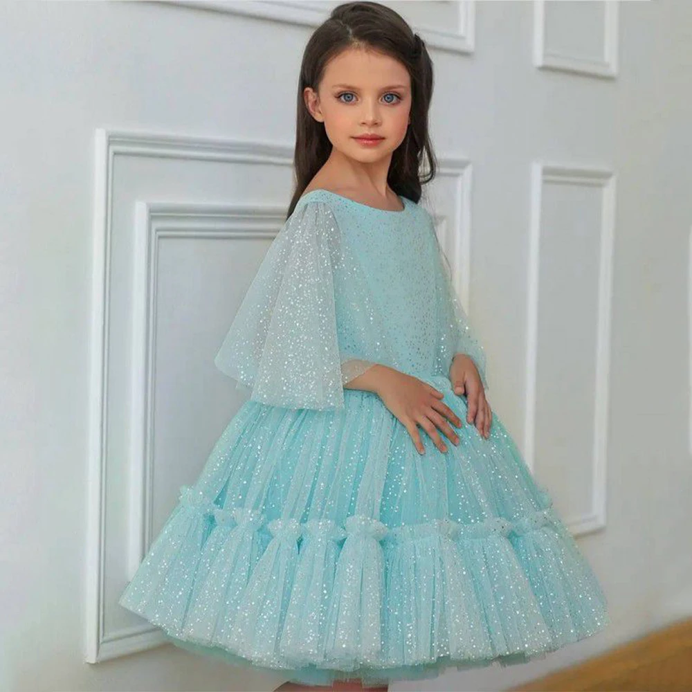 Robe princesse à fleurs pour filles, à demi-manches, col rond, en Tulle, à paillettes, bouffantes, pour première Communion, robe de spectacle, d'anniversaire pour enfants