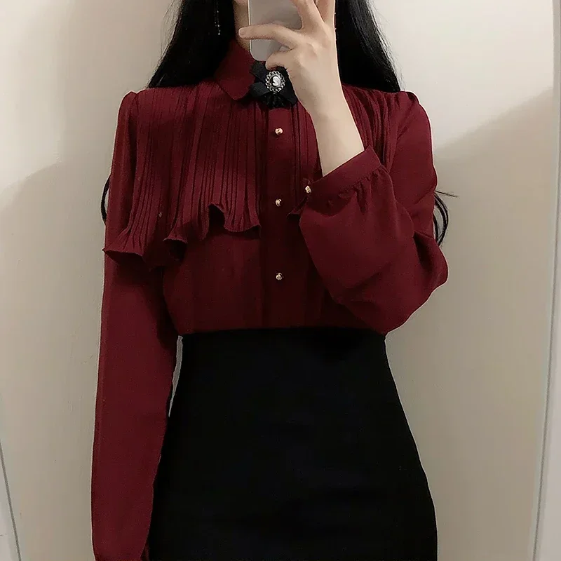 2024 Spring Women's Cute Sweet Vintage Ruffled Tops Hot Sales Button Elegant Formal Shirts Blouses White