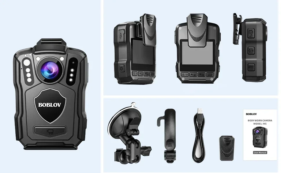 BOBLOV M5 Police Body Camera GPS Recorder 1440P Body Mounted Cam 256GB Body Camera Night Vision IR IP67 Dashcam Car Suction Cam