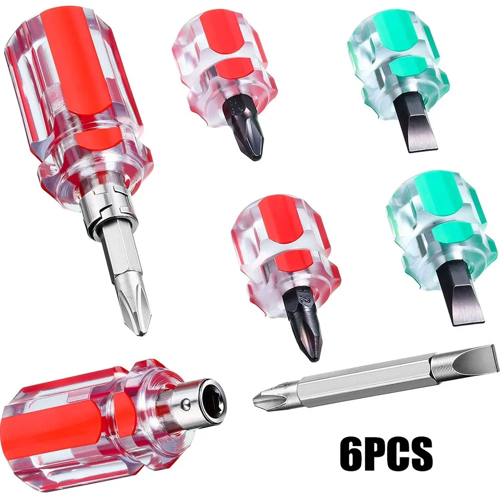 Tool Screwdriver Dual-purpose Flat Head Green / Red 2-in-1 6Pcs Anti-slip Cross-head Interchangeable Mini Set Short Handle