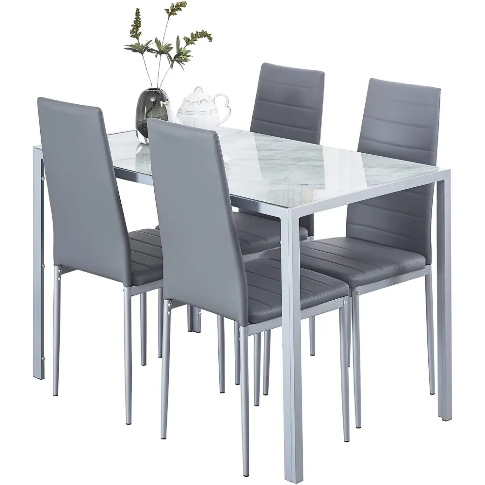 Dining Table Set for 4, 5 Piece Kitchen Table and Chairs for Dinette, Apartment, Compact Space-Saving w/Tempered Glass Tabletop