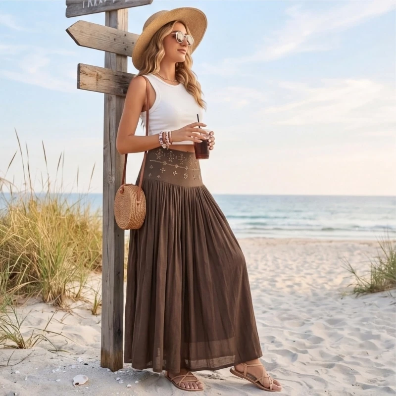 QXND Skirts for Women Linen Maxi Skirt Flowy Pleated Skirt A-Line Beach Skirts Bohemian Resort Wear