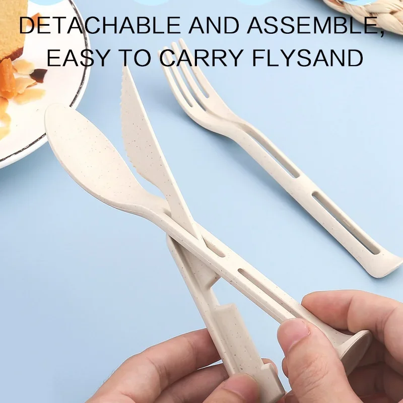 3PCS Portable Tableware Set Wheat Straw Dinnerware Detachable Cutlery Travel Tableware Picnic Dinnerware Set Camping Cutlery Set