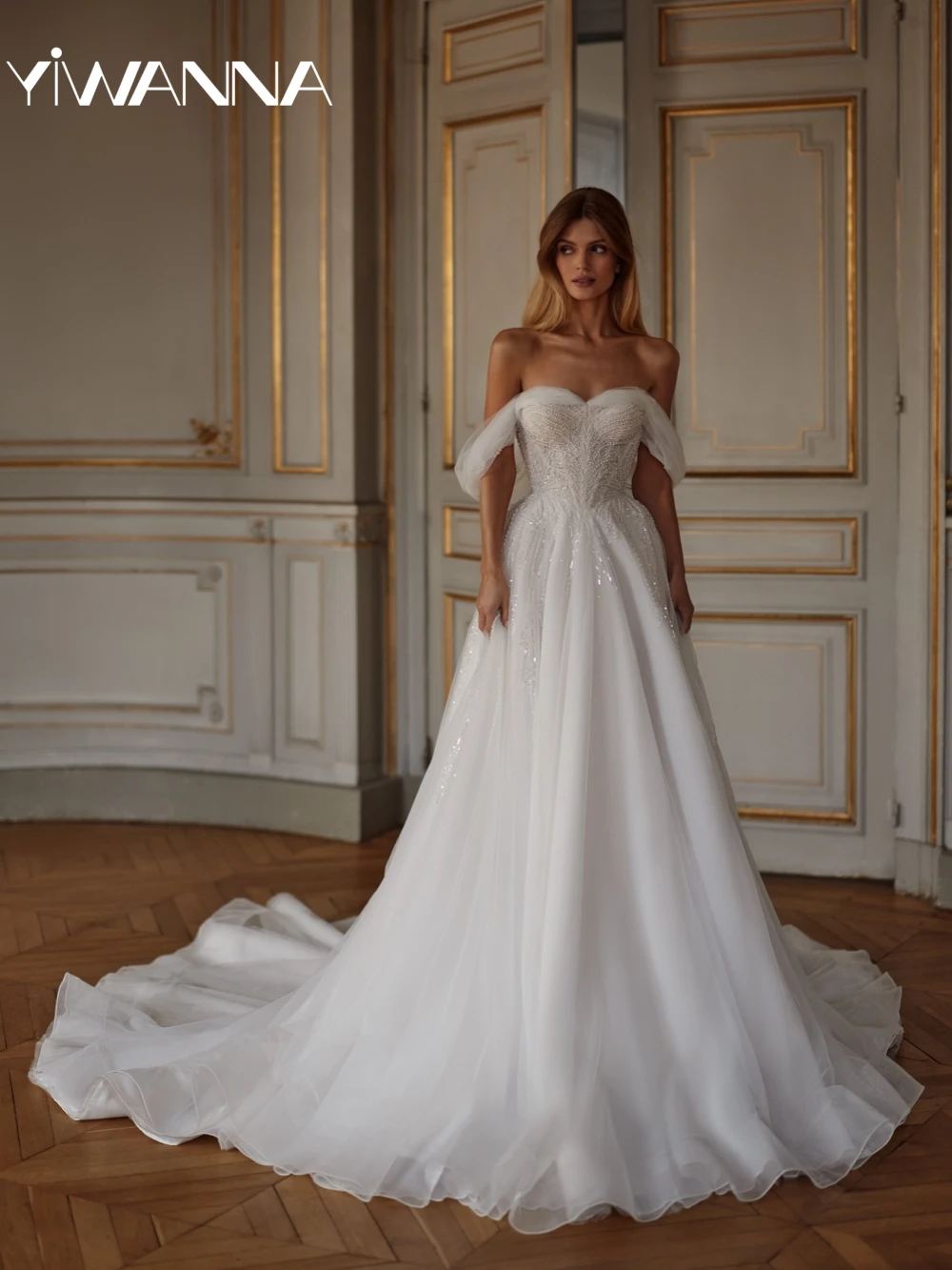 

Dazzling Pearls Off Shoulder Wedding Dress Romantic Sweetheart Neck Bridal Gown Customized A-line Tulle Long Dresses For Bride