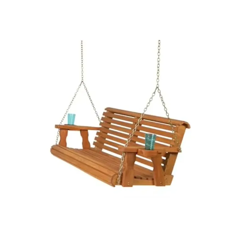 Heavy Duty 700 Lb Capacity Porch Swing with Cup Holders (5 Foot, Cedar Stain) – Wooden Outdoor Roll Back Swing with
