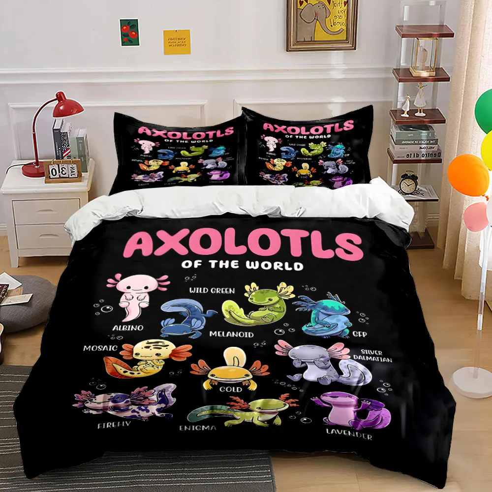 Adorable Axolotl Varieties Illustration Print Bedding Set 1 Duvet Cover 2 Pillowcases for Adult and Children Luxury Gift