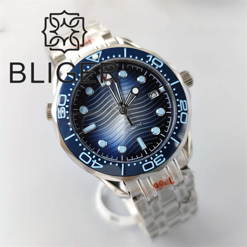 BLIGER 41mm Mechanical Men Watch Sapphire Glass Date Gradient Ice Blue Ceramic Bezel NH35 Stainless Steel Band Rotating Waterpro