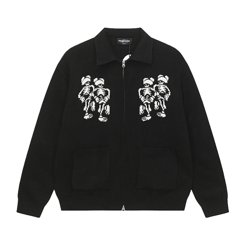 

Fashion Brand Streetwear Niceghostclub Sweater Korean Style Casual Dancing Skeleton Lapel Knitwear Men Women Zipper Coat